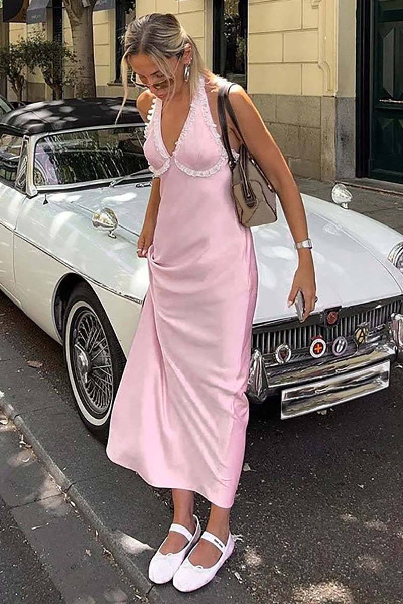 Frilled V Neck Halter Open Back Slim Fit Maxi Dresses-Pink