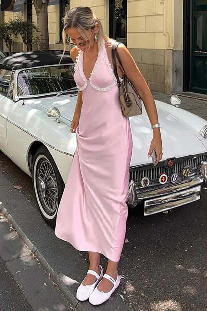 Frilled V Neck Halter Open Back Slim Fit Maxi Dresses-Pink