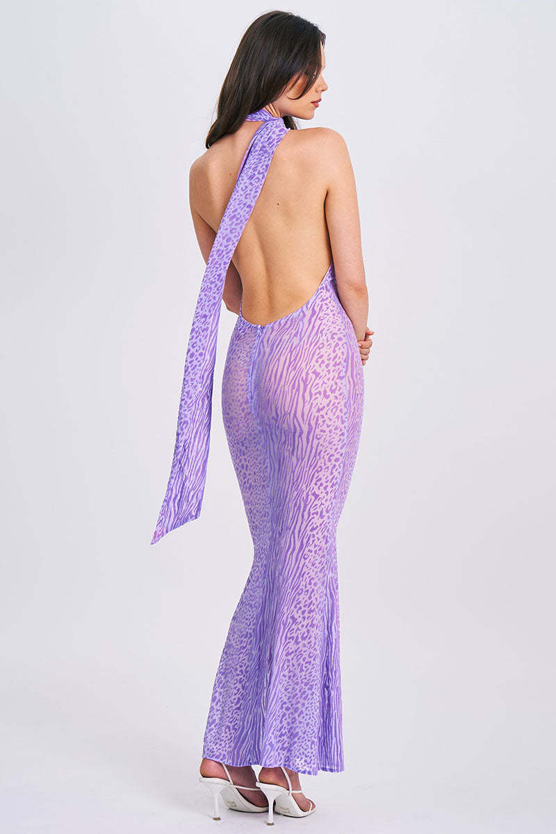 Leopard Print Sash Backless Mermaid Hem Maxi Dresses-Purple