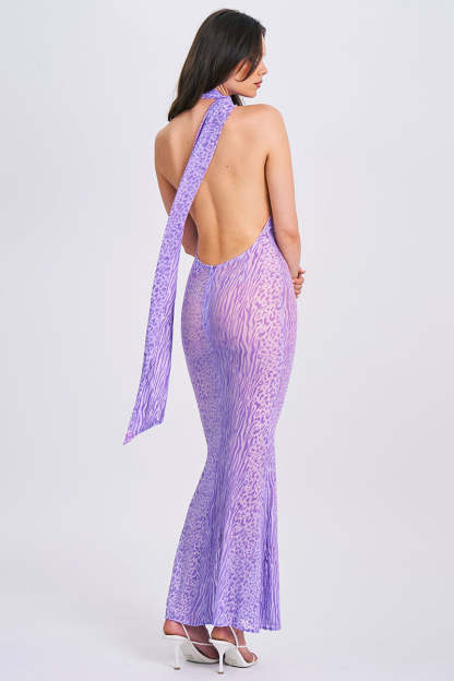 Leopard Print Sash Backless Mermaid Hem Maxi Dresses-Purple