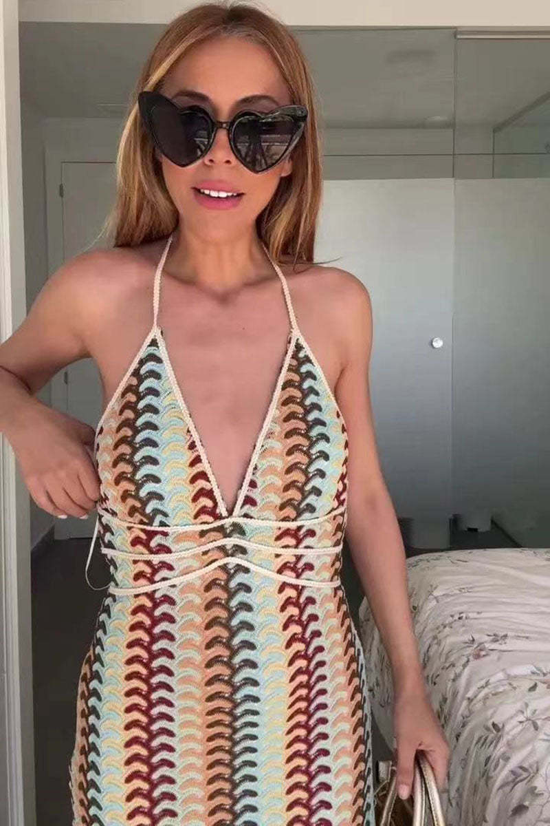 Halter V Neck Backless Boho Pattern Knit Slim-Fit Vacation Maxi Dresses-Beige