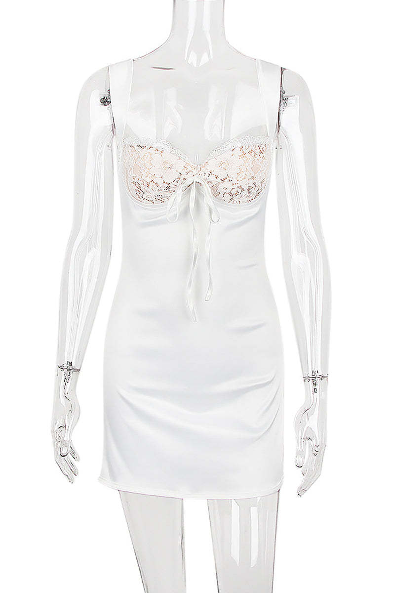 Lace Embroidery Square Back Sleeveless Mini Dresses