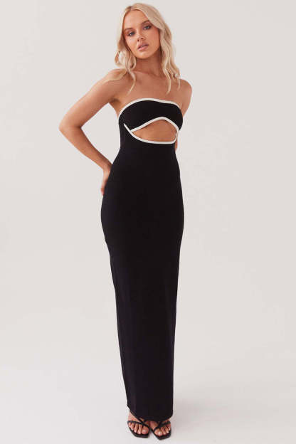 Contrast Binding Cut Out Strapless Bodycon Party Maxi Dresses-Black