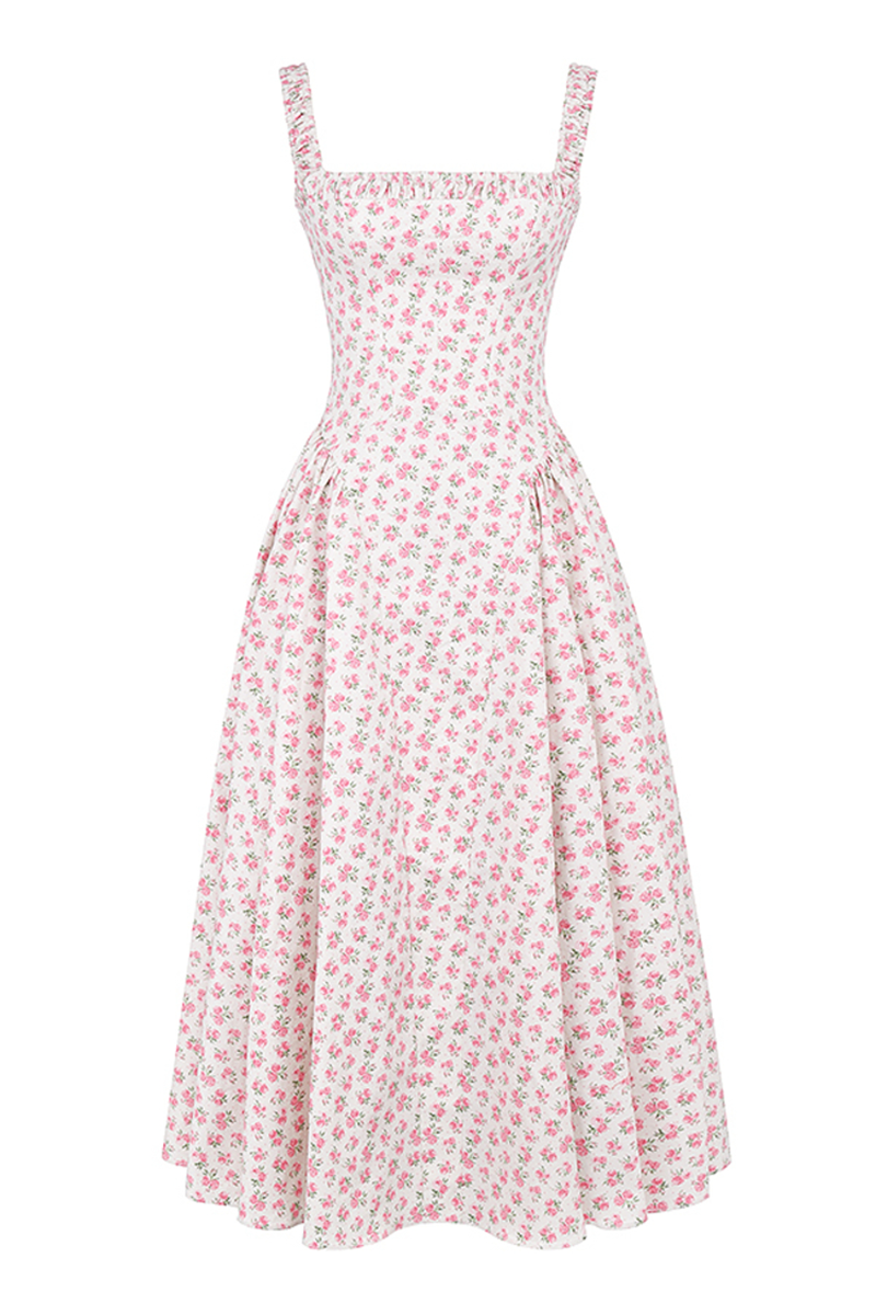 Wide Strap Square Neck Cinch Waist Ditsy Floral Print Midi Dresses-Pink