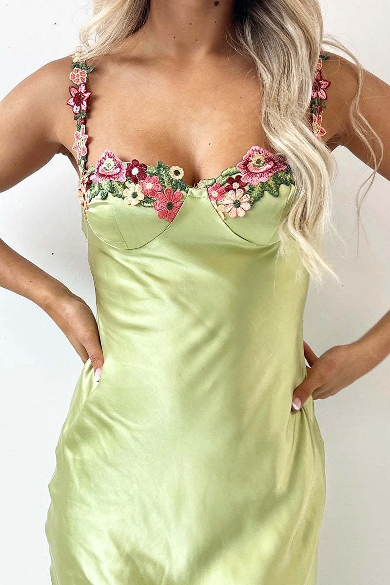 Embroidered Flower Boat Neck High Slit Satin Slim Garden Party Slip Maxi Dresses