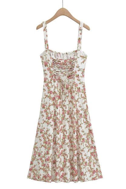 Tied Up Lace Up Floral Print Slit A-Line Vacation Slip Midi Dress