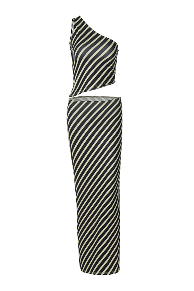 Striped Skew Neck Sleeveless Crop Top Low-Rise Maxi Skirt Matching Set-Black