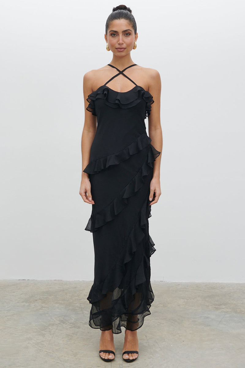 Cross Cami Asymmetric Ruffle Birthday Party Maxi Dresses-Black Pre Order