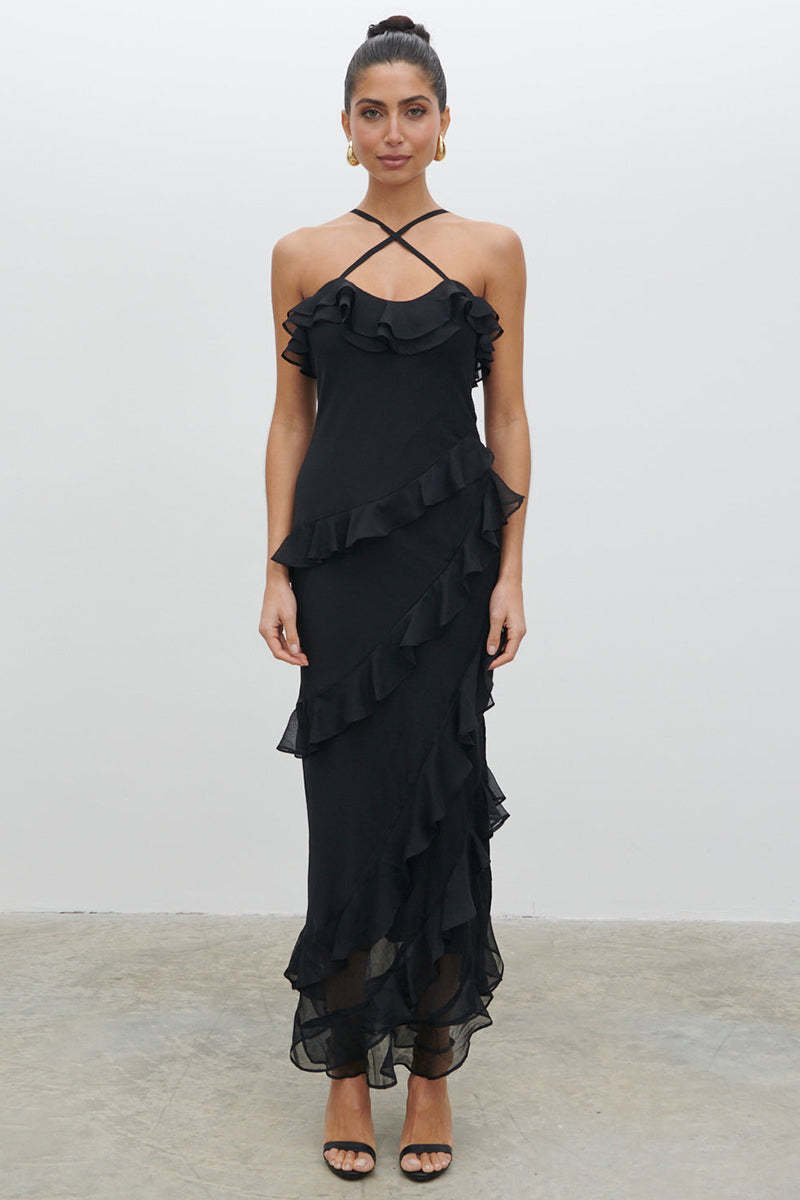 Cross Cami Asymmetric Ruffle Birthday Party Maxi Dresses-Black Pre Order