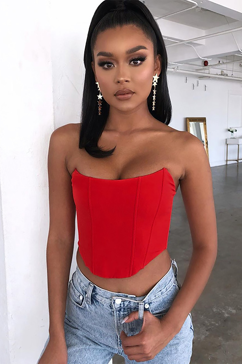 Satin Solid Color Strapless Crop Corset-Red