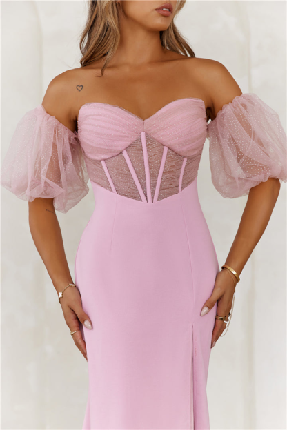 Tulle Patchwork Puff Sleeve Corset High Slit Maxi Dresses-Pink