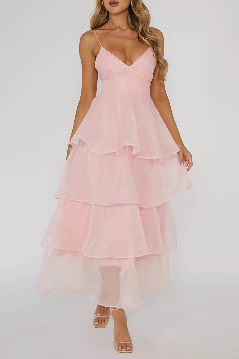 V Neck Cinch Waist Tulle Tiered Hem Backless Midi Slip Dresses-White