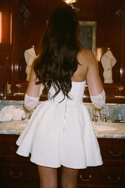 Strapless Floral Jacquard Party A-Line Mini Dresses-White