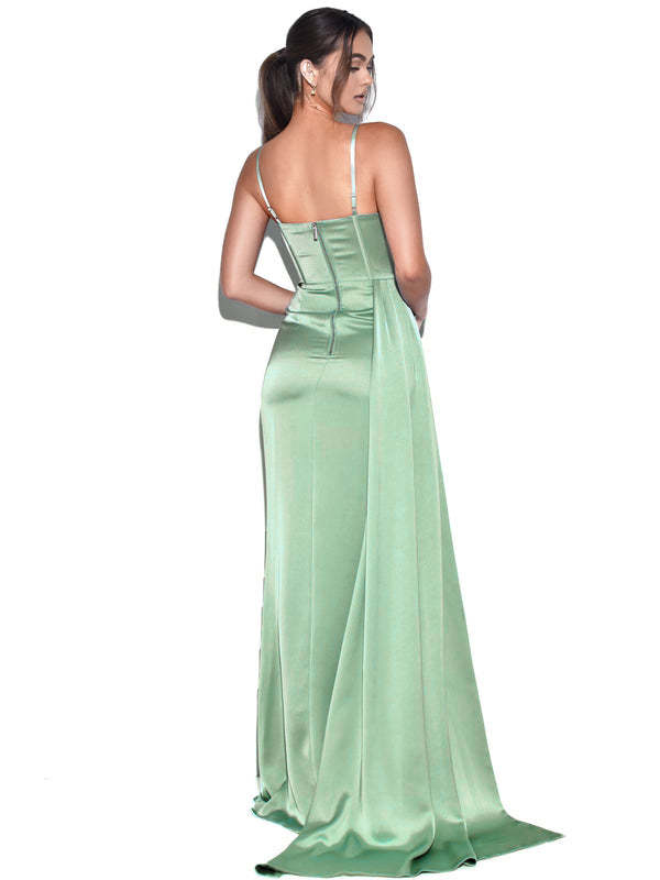 High Slit Irregular Neckline Satin Gown Slip Maxi Dresses