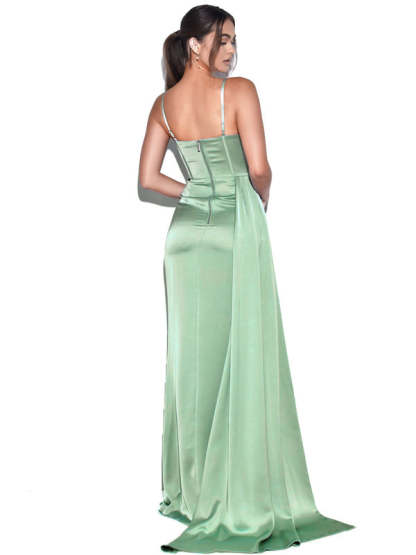 High Slit Irregular Neckline Satin Gown Slip Maxi Dresses