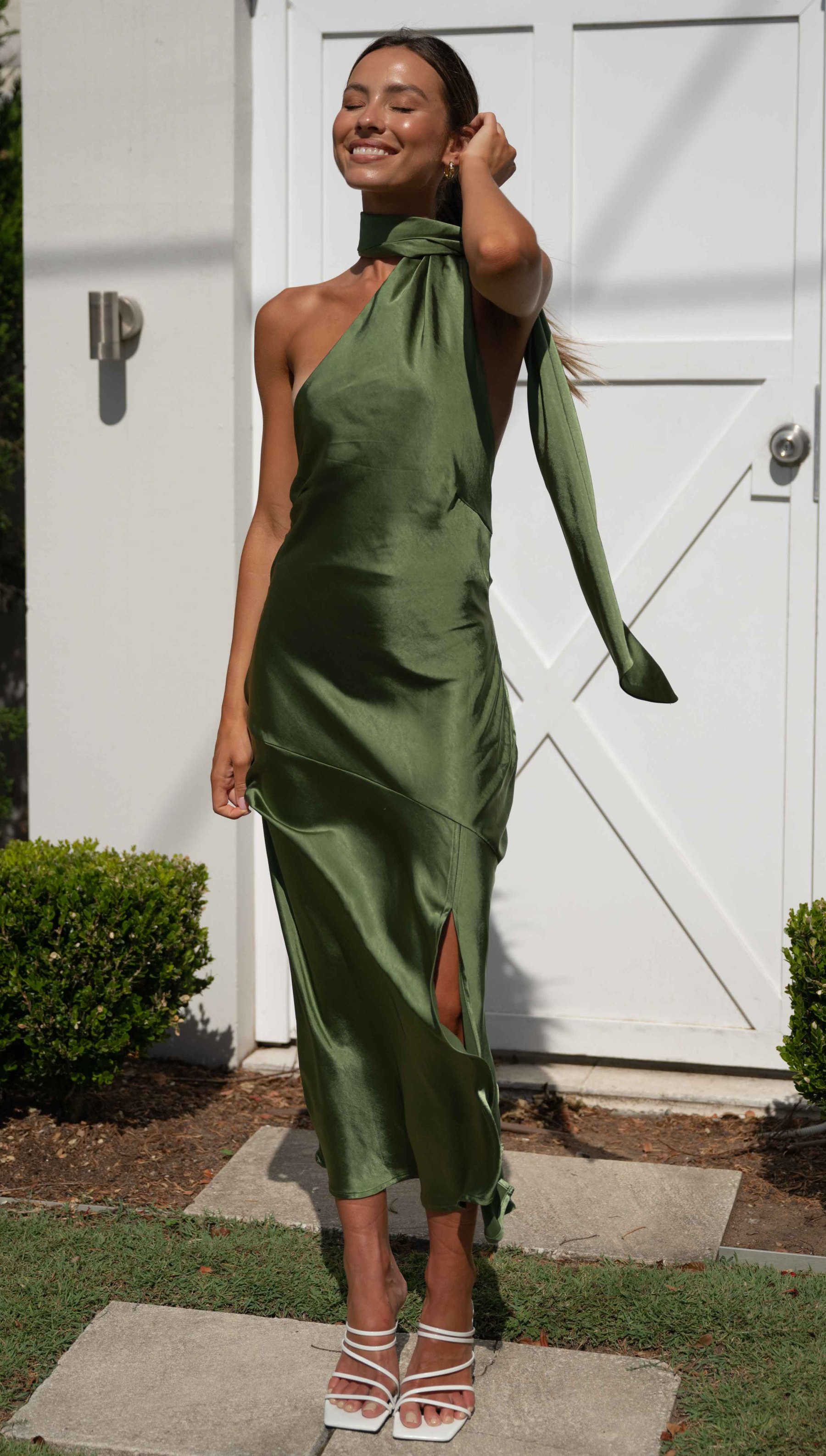 High Halter Open Back Slit Midi Dresses