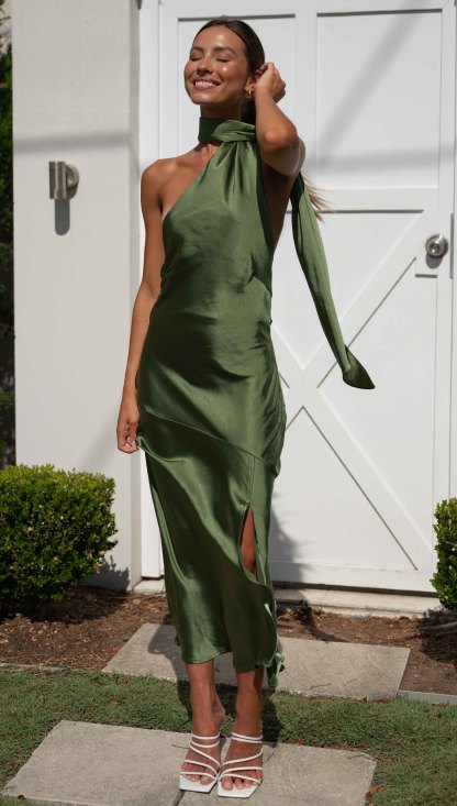 High Halter Open Back Slit Midi Dresses