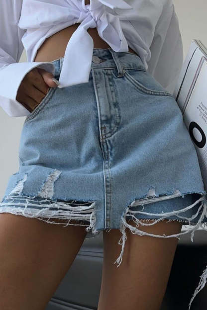 Ripped Frayed High Waist Pocket Casual Denim Shorts-Blue