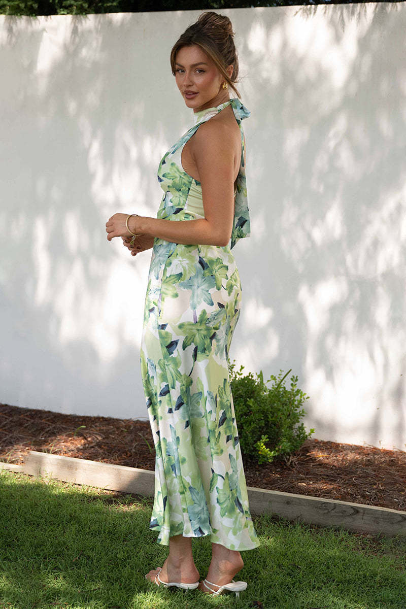 Floral Print Halter Backless Flowy Vacation Maxi Dresses