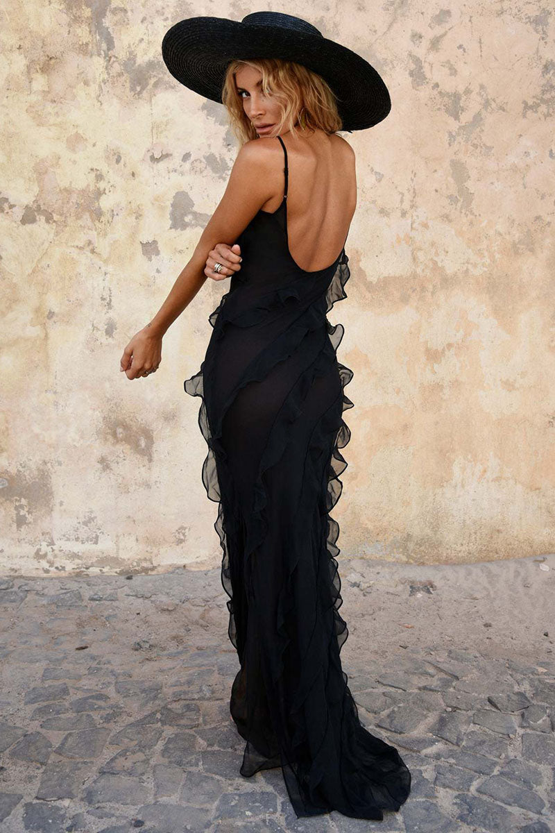 Ruffled Slit V Neck Backless Prom Slip Maxi Dresses