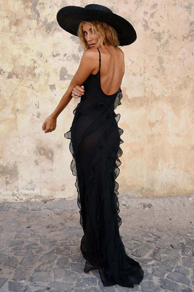 Ruffled Slit V Neck Backless Prom Slip Maxi Dresses