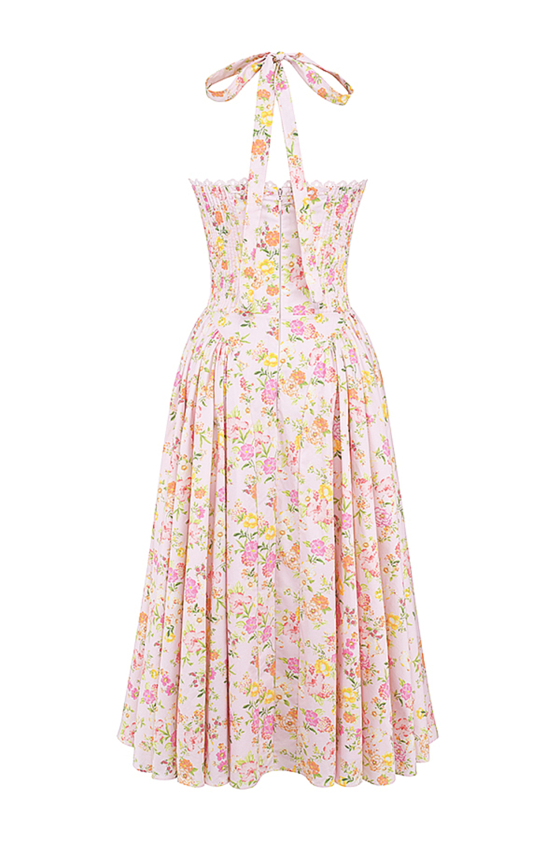 Sleeveless Halter Floral Print Corset A-Line Garden Party Midi Dresses-Pink