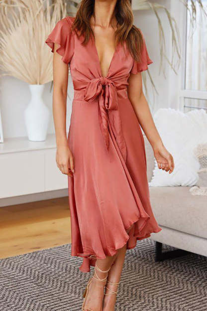 Deep V Neck Petal Sleeve Cut Out Irregular Hem Flowy Midi Dress