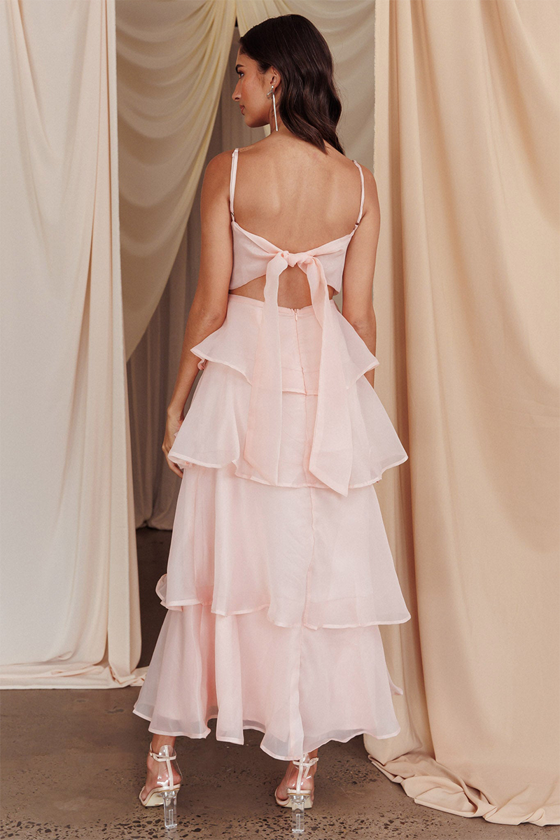 Spaghetti Strap Front Ruched A-Line Tie Up Backless Tiered Ruffled Maxi Dresses-Pink
