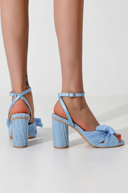 Pleated Bow Ankle Strap Chunky High Heel Sandals