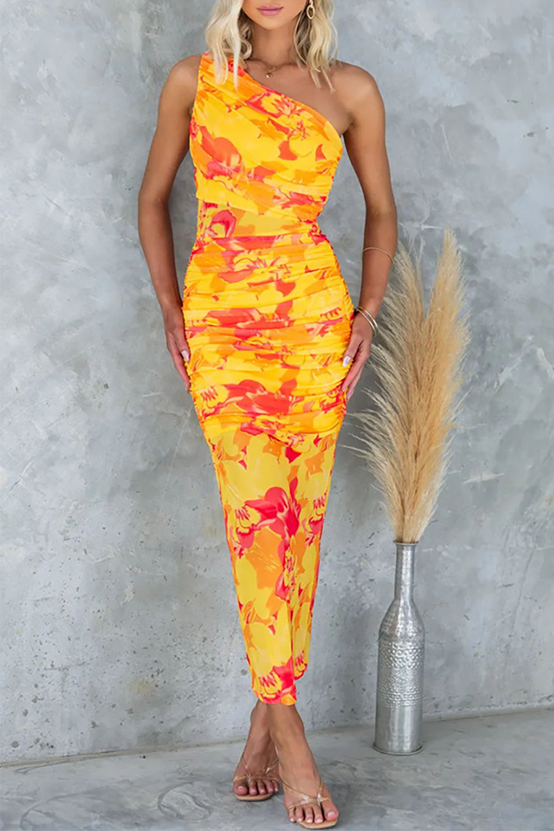 Sleeveless One Shoulder Floral Print Slim Fit Ruched Midi Dresses-Green