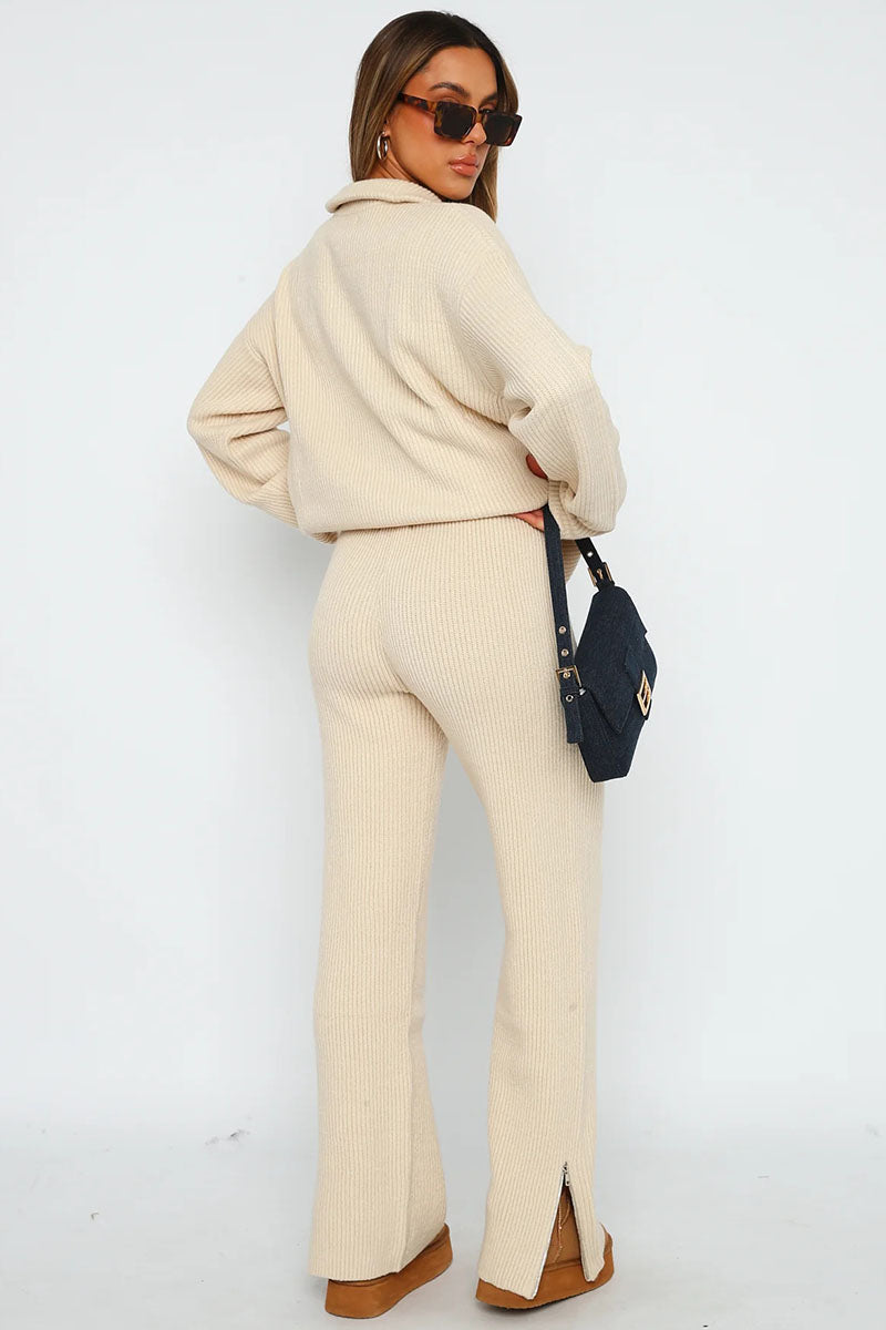 Turndown Collar Long Sleeve Sweater Plain Pants Matching Set-Beige