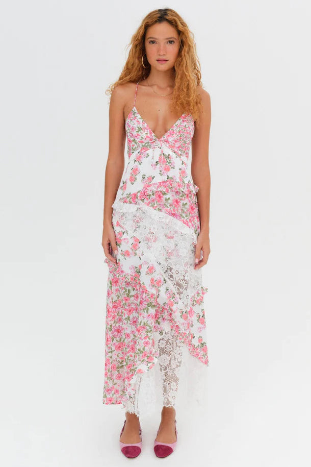 Ditsy Floral Print Deep V Neck Lace Patchwork Backless Slip Maxi Dresses-Green