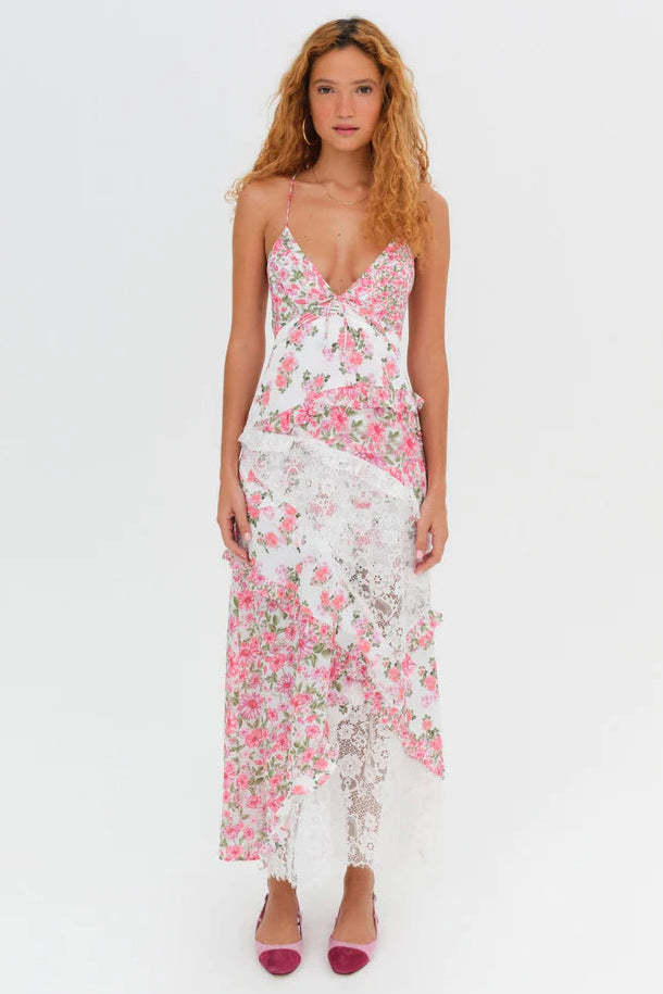 Ditsy Floral Print Deep V Neck Lace Patchwork Backless Slip Maxi Dresses-Green