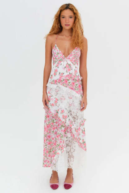 Ditsy Floral Print Deep V Neck Lace Patchwork Backless Slip Maxi Dresses-Green