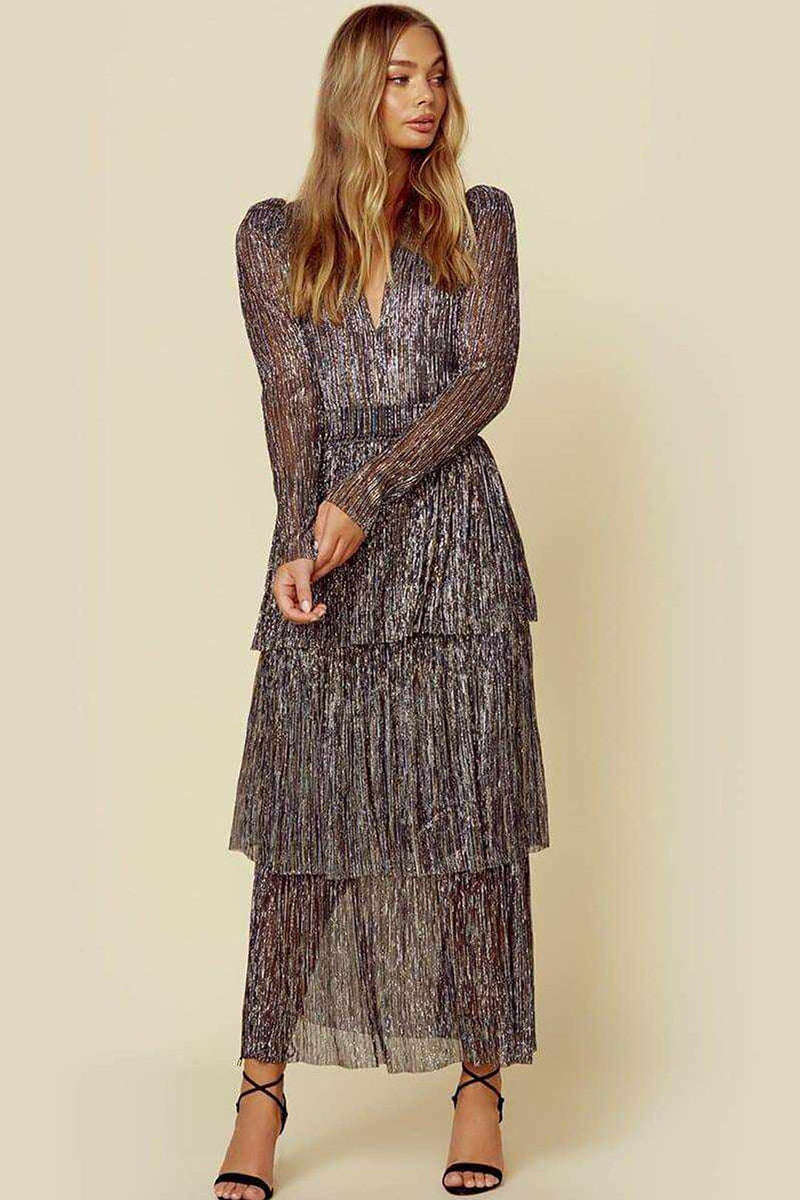 Tiered V Neck Print Long Sleeve Midi Dresses