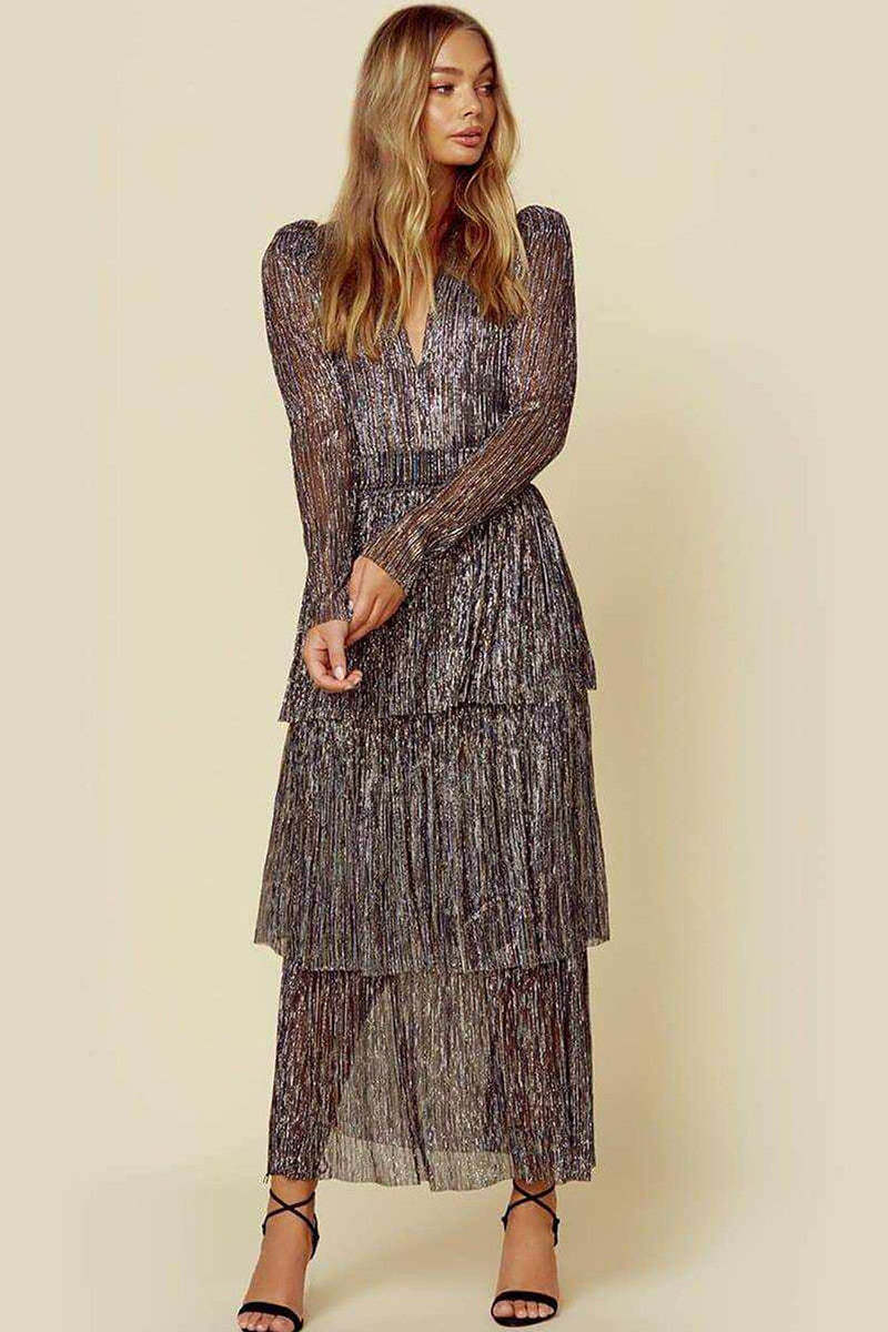 Tiered V Neck Print Long Sleeve Midi Dresses