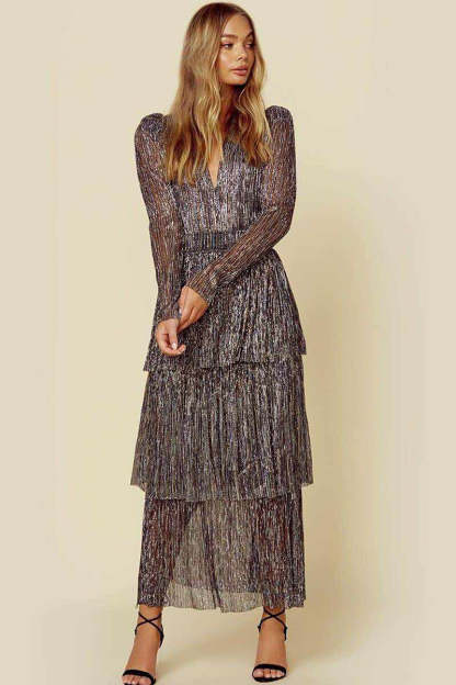 Tiered V Neck Print Long Sleeve Midi Dresses