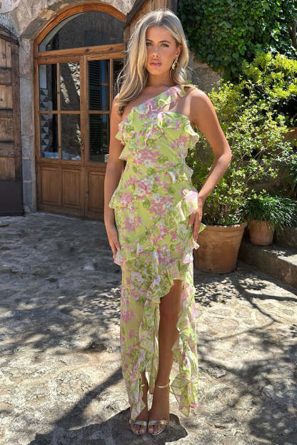Floral Print One Shoulder Ruffle Slit Vacation Maxi Dresses-Green Pre Order