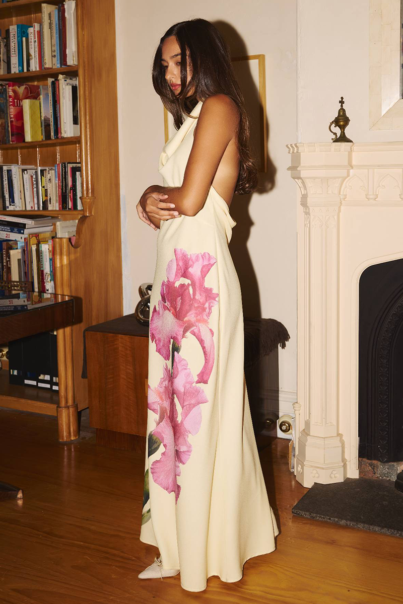 Floral Print Cowl Neck Backless Slim Fit Maxi Dresses-Yellow