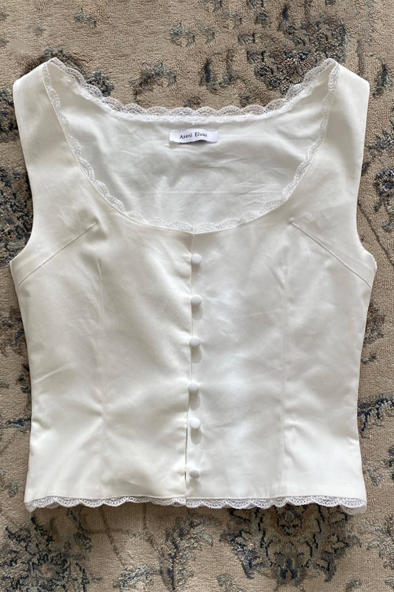 Solid Color Single-Breasted Lace Trim Thick Straps Sleeveless Top-White