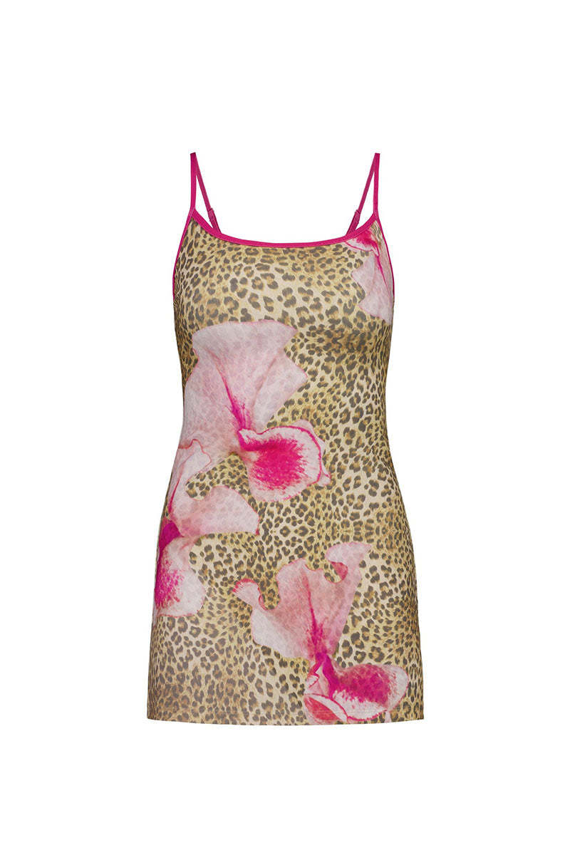 Leopard Floral Print Low Back Vacation Mini Slip Dresses-Brown