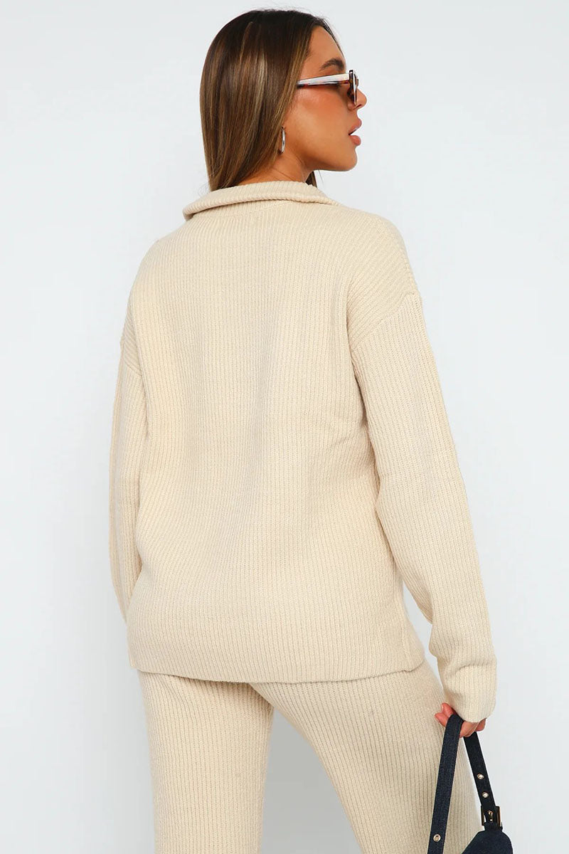 Turndown Collar Long Sleeve Sweater Plain Pants Matching Set-Beige