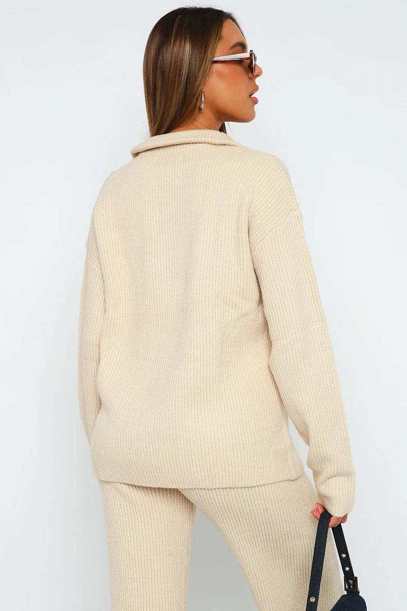 Turndown Collar Long Sleeve Sweater Plain Pants Matching Set-Beige