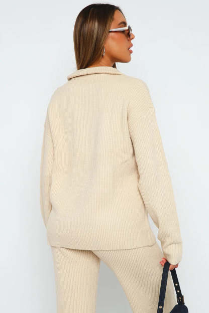 Turndown Collar Long Sleeve Sweater Plain Pants Matching Set-Beige