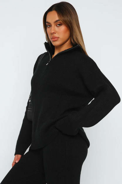 Turndown Collar Long Sleeve Sweater Plain Pants Matching Set-Beige