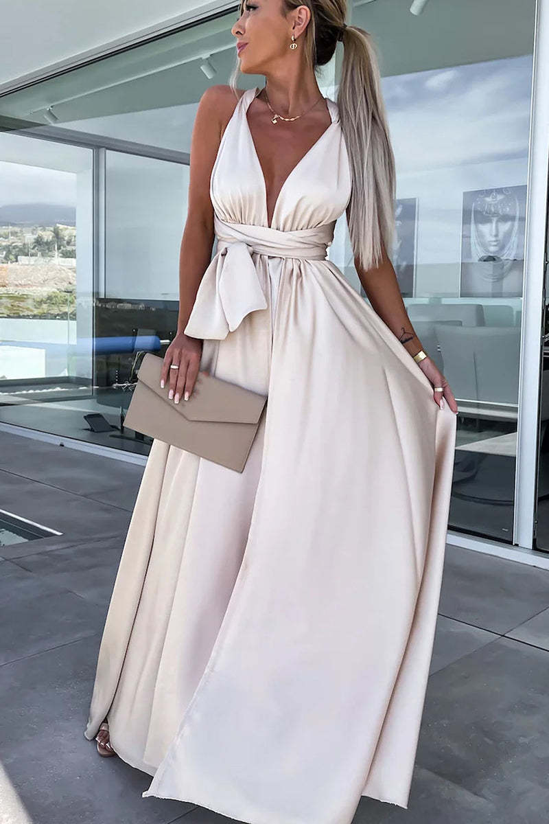 Deep V Neck Wrap Strap High Slit Satin Formal Party Maxi Dress