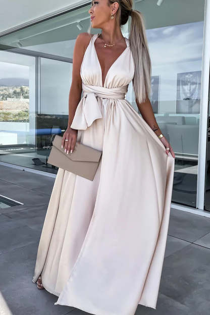 Deep V Neck Wrap Strap High Slit Satin Formal Party Maxi Dress