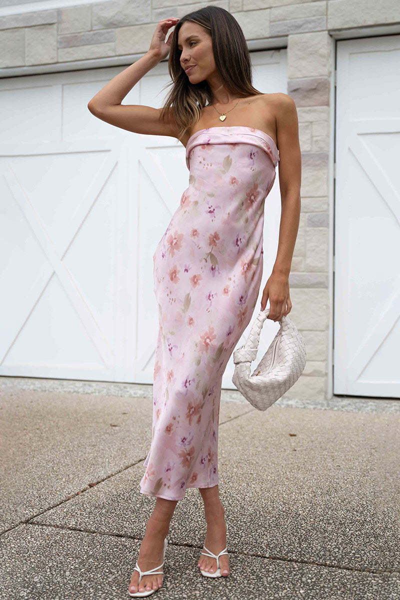 Backless Folded Bust Floral Print Satin Tube Maxi Dresses