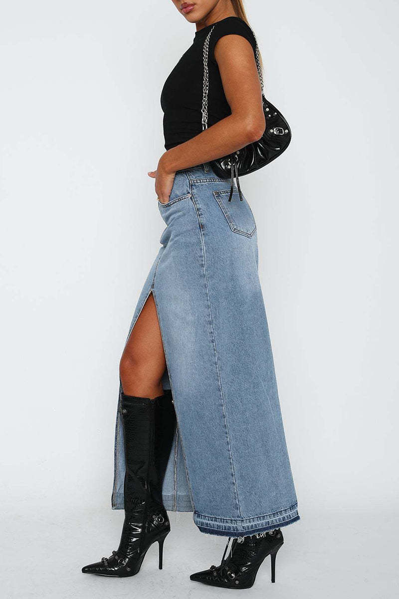Denim Bodycon Slit Front Pocket Maxi Skirt-Blue