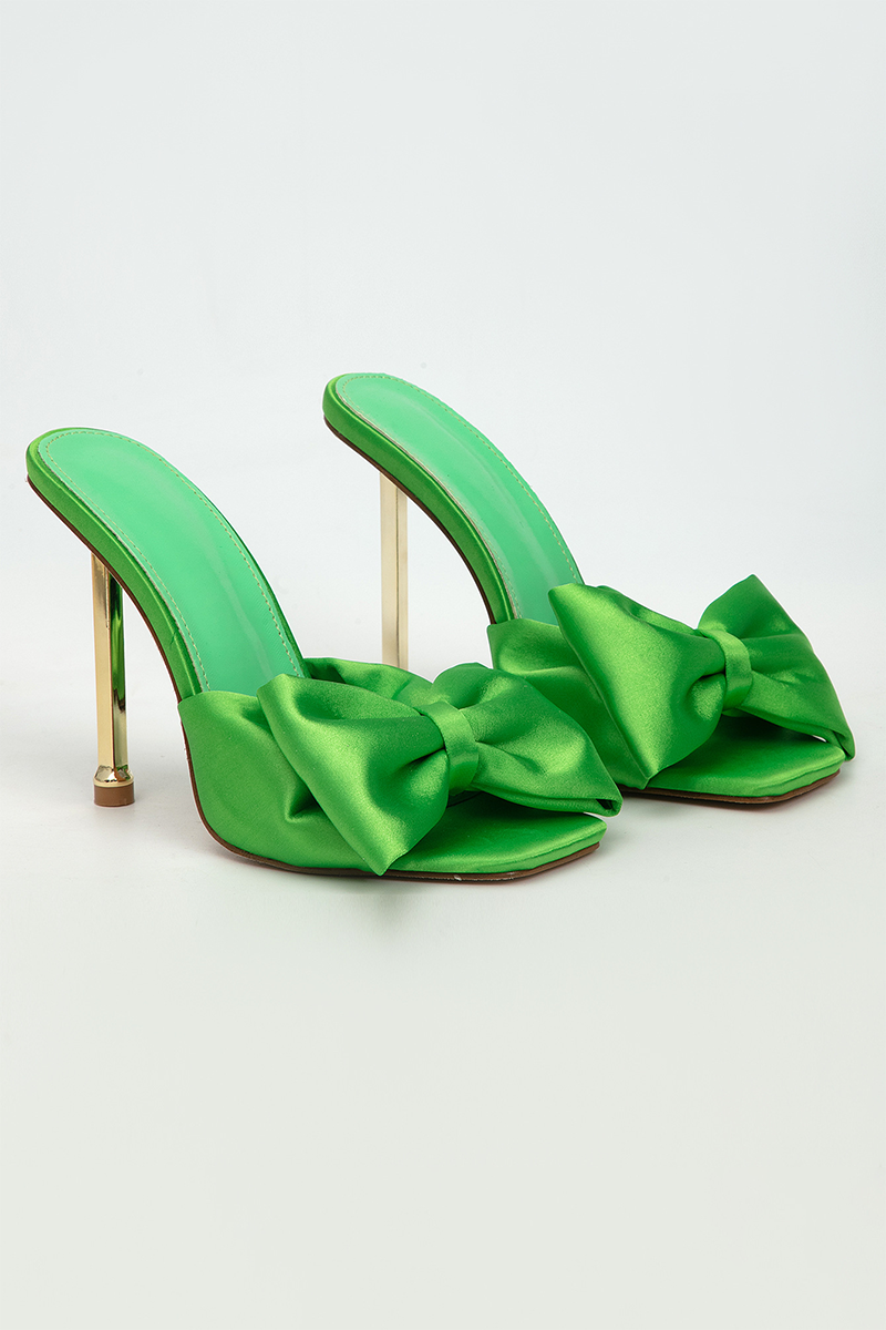 Square Toe Bow Decor High-Heeled Slippers-Green